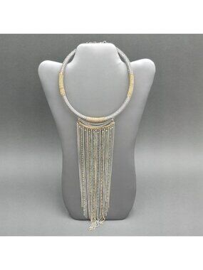 Vintage Two Tone Metal Mesh Collar Necklace Gold Silver Waterfall Fringe Choker